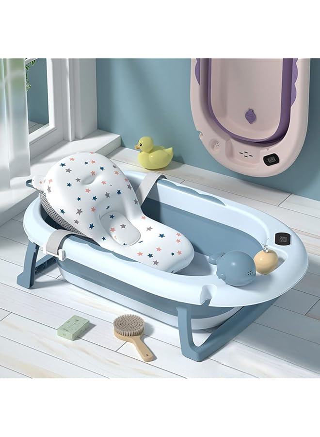 Foldable Baby Bath Tub Newborn Baby Tub With Soft Bath Mat And Bath Net，Portable Bathtub With Temperature Sensor，For Newborns Baby And Toddlers (Blue Bath Mat+Real Time Sensor) - Image 1