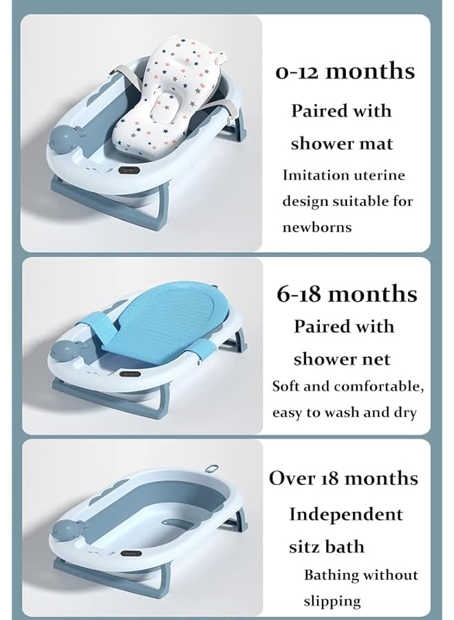 Foldable Baby Bath Tub Newborn Baby Tub With Soft Bath Mat And Bath Net，Portable Bathtub With Temperature Sensor，For Newborns Baby And Toddlers (Blue Bath Mat+Real Time Sensor) - Image 2