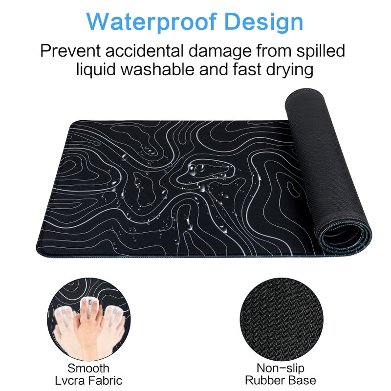 Renyqatt Gaming Mouse Pad Large 31.5 x 11.8in Topographic Keyboard Mousepad for Non-Slip Base and Stitched Edge, Extended Desk Pad XL Desk Mat (Black) - Image 5