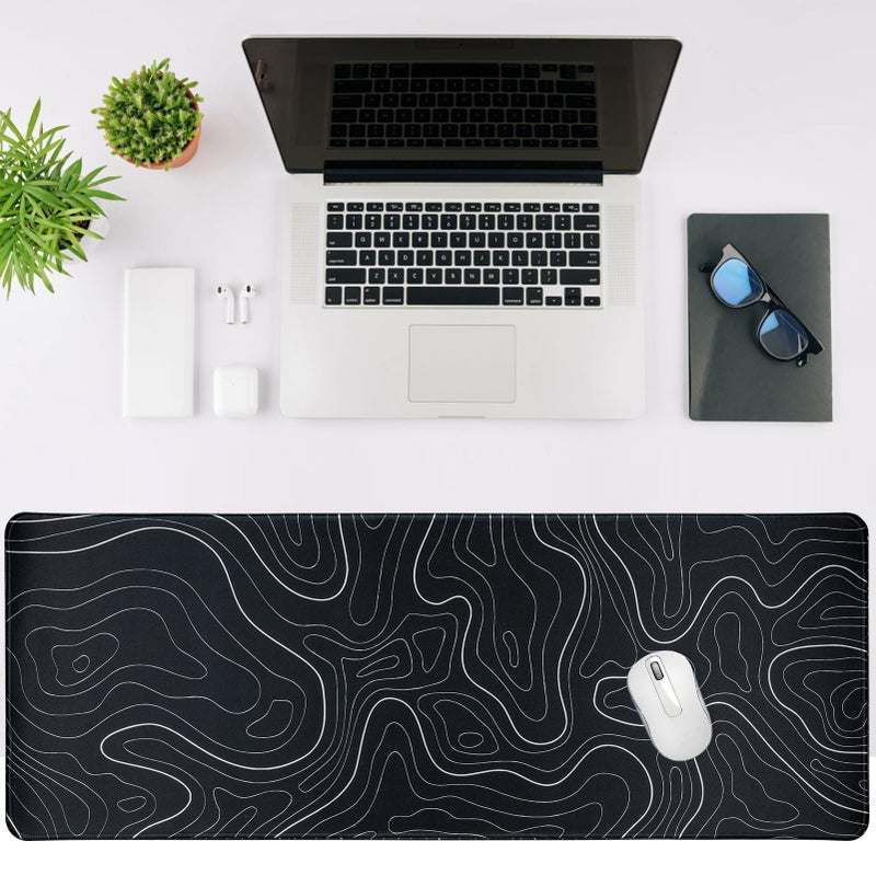 Renyqatt Gaming Mouse Pad Large 31.5 x 11.8in Topographic Keyboard Mousepad for Non-Slip Base and Stitched Edge, Extended Desk Pad XL Desk Mat (Black) - Image 4