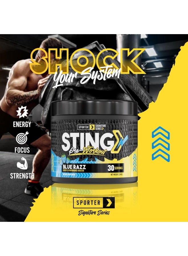 SPORTER Sting Pre-Workout Powder, Blue Raz Flavor, 240g – Energy, Endurance & Focus Support for Training - Image 3