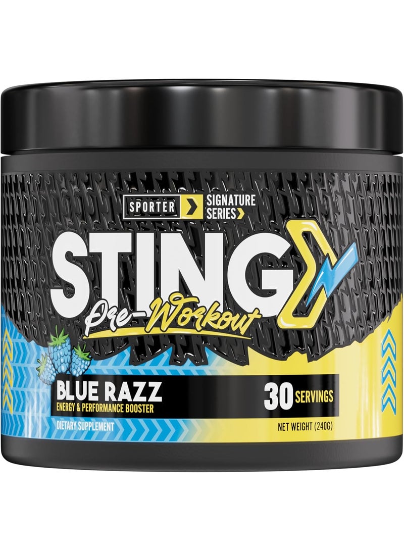 SPORTER Sting Pre-Workout Powder, Blue Raz Flavor, 240g – Energy, Endurance & Focus Support for Training - Image 1