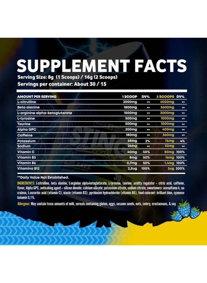 SPORTER Sting Pre-Workout Powder, Blue Raz Flavor, 240g – Energy, Endurance & Focus Support for Training - Image 4