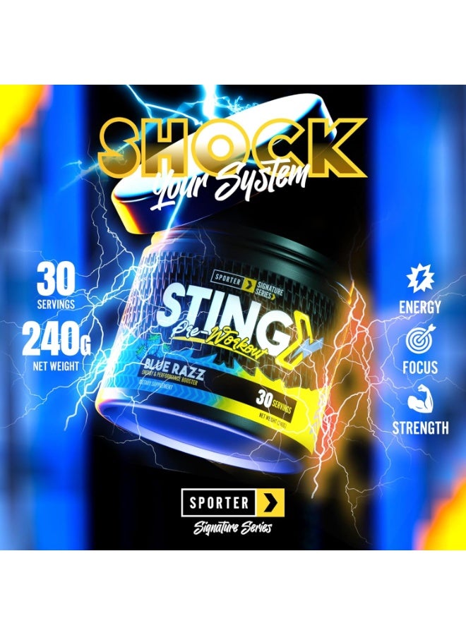SPORTER Sting Pre-Workout Powder, Blue Raz Flavor, 240g – Energy, Endurance & Focus Support for Training - Image 2