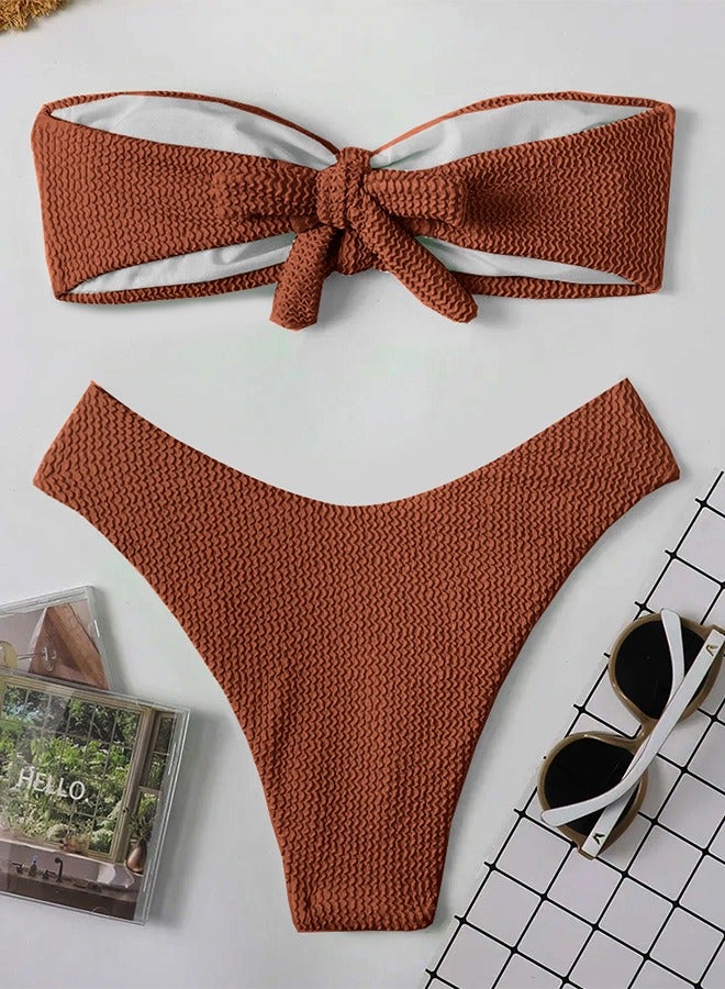 MARGOUN Women's High Waist Large Size Swimsuit Women's Bandeau Lingerie Set Swimsuits Beachwear Set Coffee Color / L (Bust 91-96/Waist 71-76/Hip 96-101) - Image 1