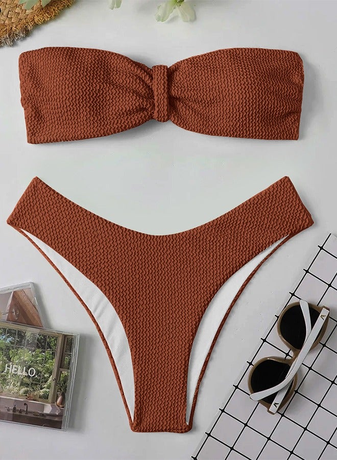 MARGOUN Women's High Waist Large Size Swimsuit Women's Bandeau Lingerie Set Swimsuits Beachwear Set Coffee Color / L (Bust 91-96/Waist 71-76/Hip 96-101) - Image 2