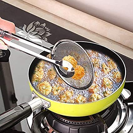 Homava Stainless Steel 2 in 1 Fry Tool Filter Spoon Snack Strainer with Clip Tong, 28 X 10 X 2 cm, Silver - Image 1