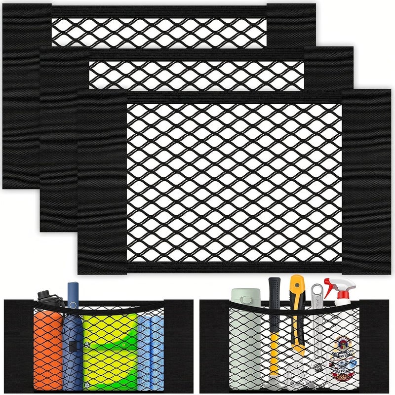 3pcs Car Trunk Storage Nets Black Durable Elastic Bands For SUVs And Cars Adhesive Tidy Hold Tools Groceries Car Care Products - Image 1