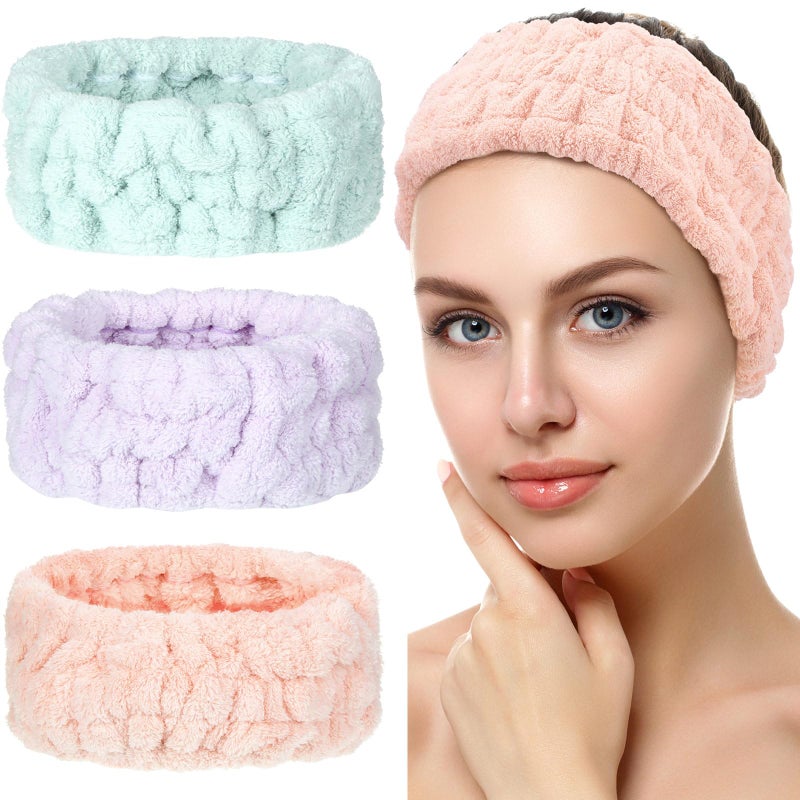 Chuangdi 3Piece Spa Headband Set  Soft Terry Cloth Hairbands for Womens Facial Makeup Washing Face Mask Spa  Shower  Light Orange Purple Green