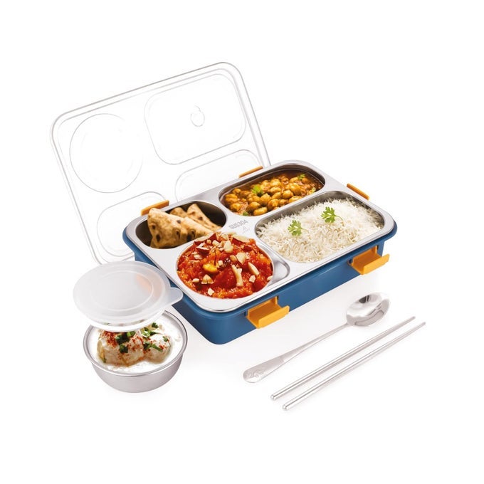 STAINLESS STEEL LUNCH BOX FOR KIDS, MEALHOLDER HAVING 3 COMPARTMENTS FOR WOMEN AND MEN, TIFFIN BOX FEATURES HEATING INSULATION AND BREATHABLE DESIGN (750 ML, BLUE) (CL-4 IN 1 TIFFIN BOX)