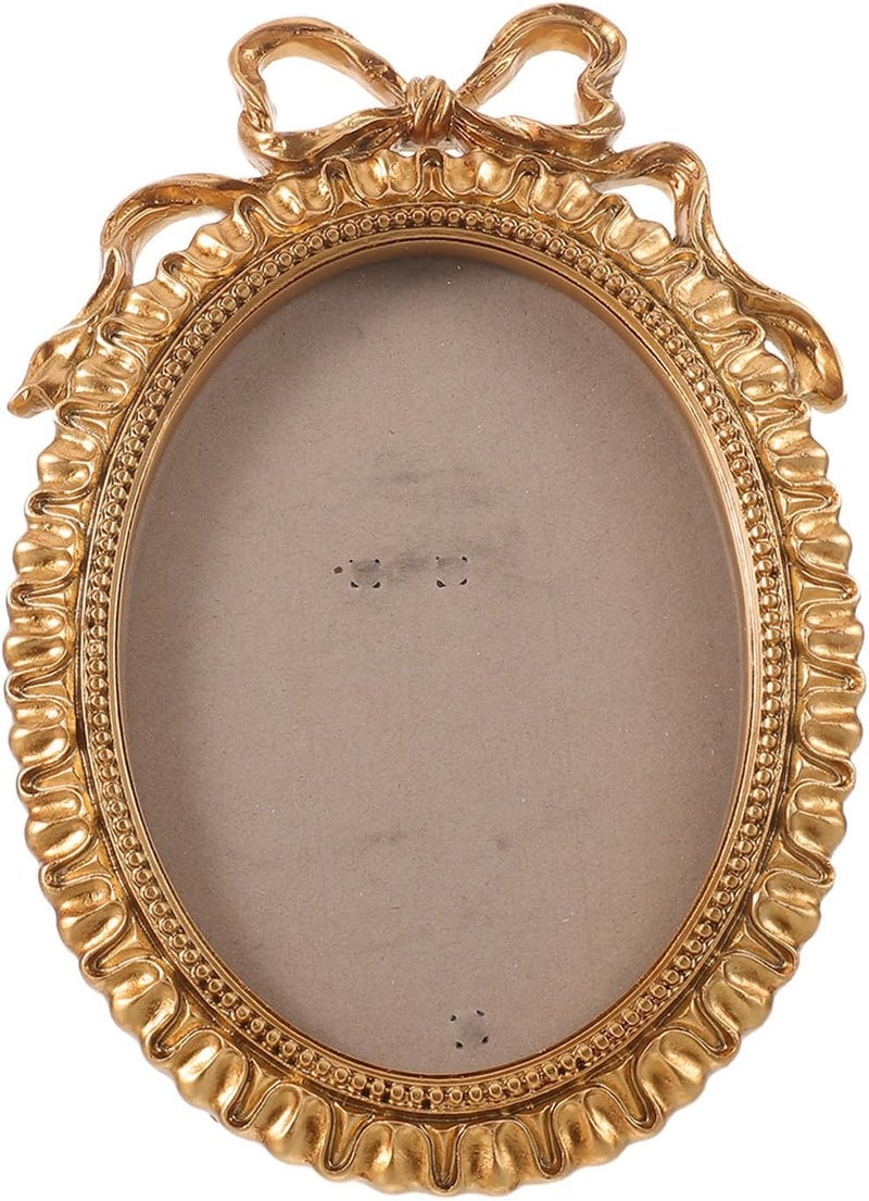 Vintage Golden Bowknot Oval Photo Frame 26X17 Cm Retro Embossed Wall Decor For Living Room - Image 1