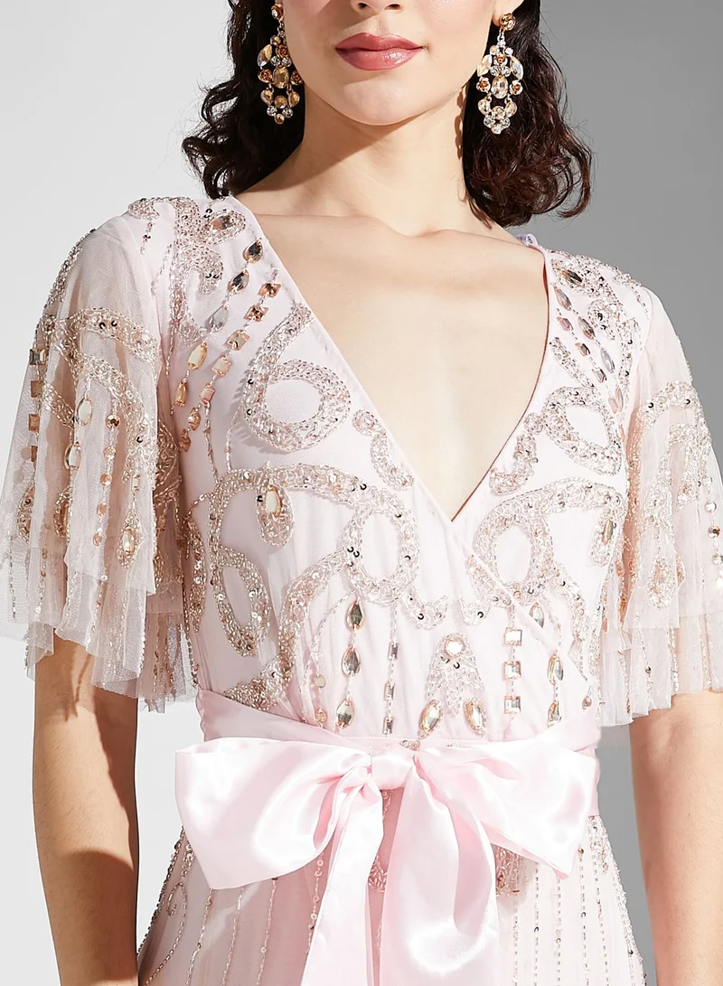 Amelia Rose V-Neck Embellished Belted Dress