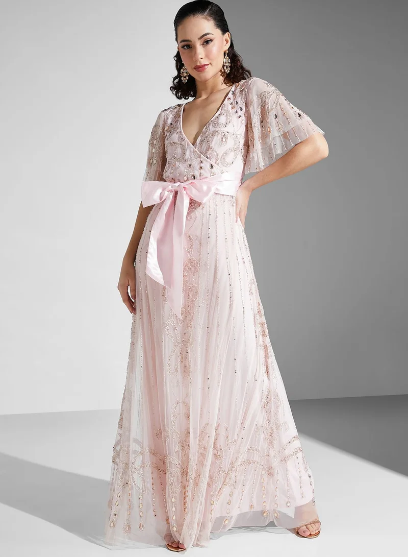 Amelia Rose V-Neck Embellished Belted Dress