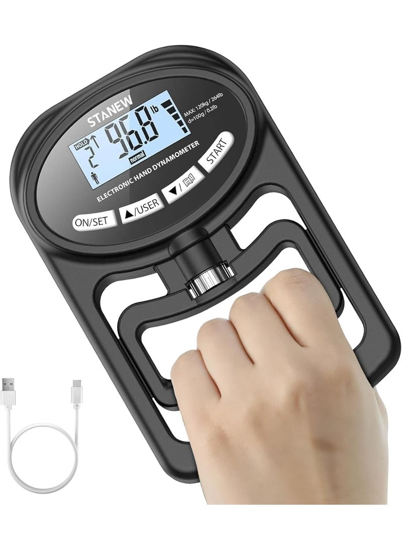 Stanew Digital Hand Dynamometer, Digital Hand Grip Strength Trainer - Grip Strength Measurement Meter with HD LCD Display, Digital Grip Strength Exerciser for Sports, Home and School 265lbs / 120kg - Image 1