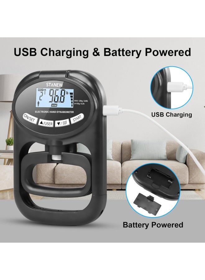 Stanew Digital Hand Dynamometer, Digital Hand Grip Strength Trainer - Grip Strength Measurement Meter with HD LCD Display, Digital Grip Strength Exerciser for Sports, Home and School 265lbs / 120kg - Image 3