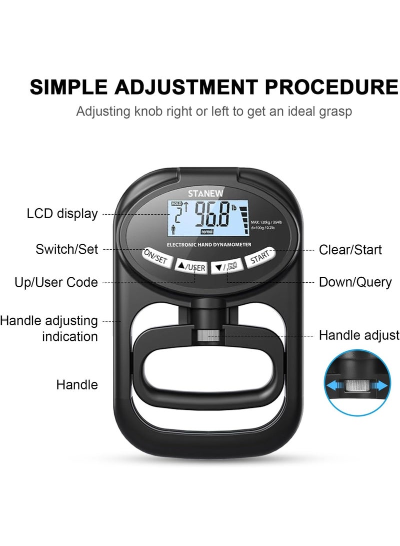 Stanew Digital Hand Dynamometer, Digital Hand Grip Strength Trainer - Grip Strength Measurement Meter with HD LCD Display, Digital Grip Strength Exerciser for Sports, Home and School 265lbs / 120kg - Image 4