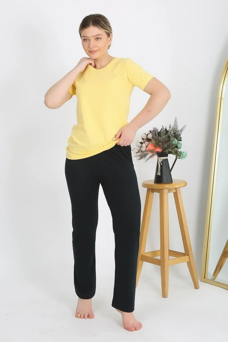 Akbeniz Women's Short Sleeve Cotton Combed Pajama Set Yellow 4215