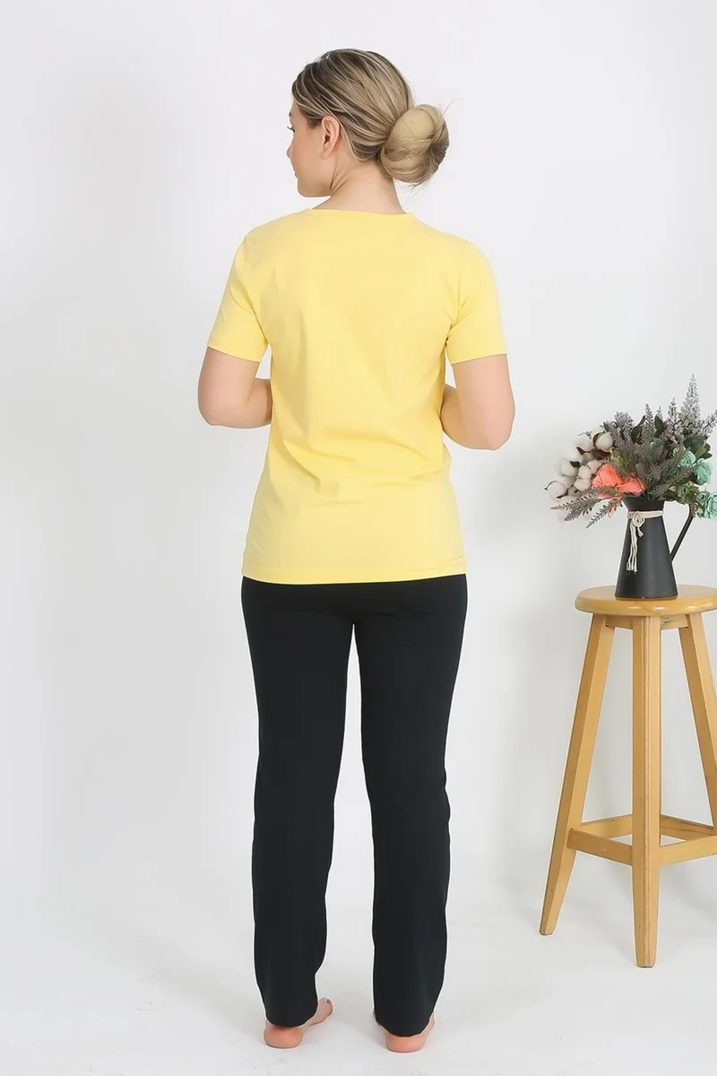Akbeniz Women's Short Sleeve Cotton Combed Pajama Set Yellow 4215