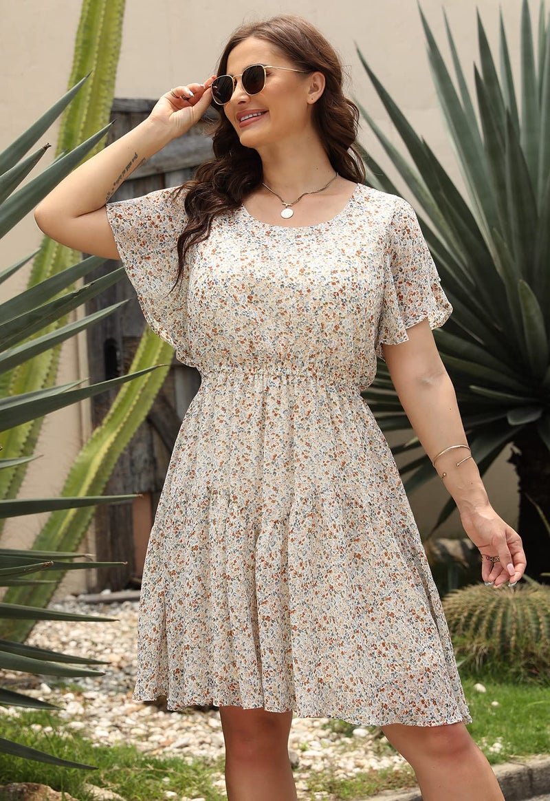 Nemidor Plus Size Summer Dresses for Curvy Women Casual Boho Midi Chiffon Print Floral Dress with Ruffle Sleeve 14-26(297,20,Beige Print) - Image 4