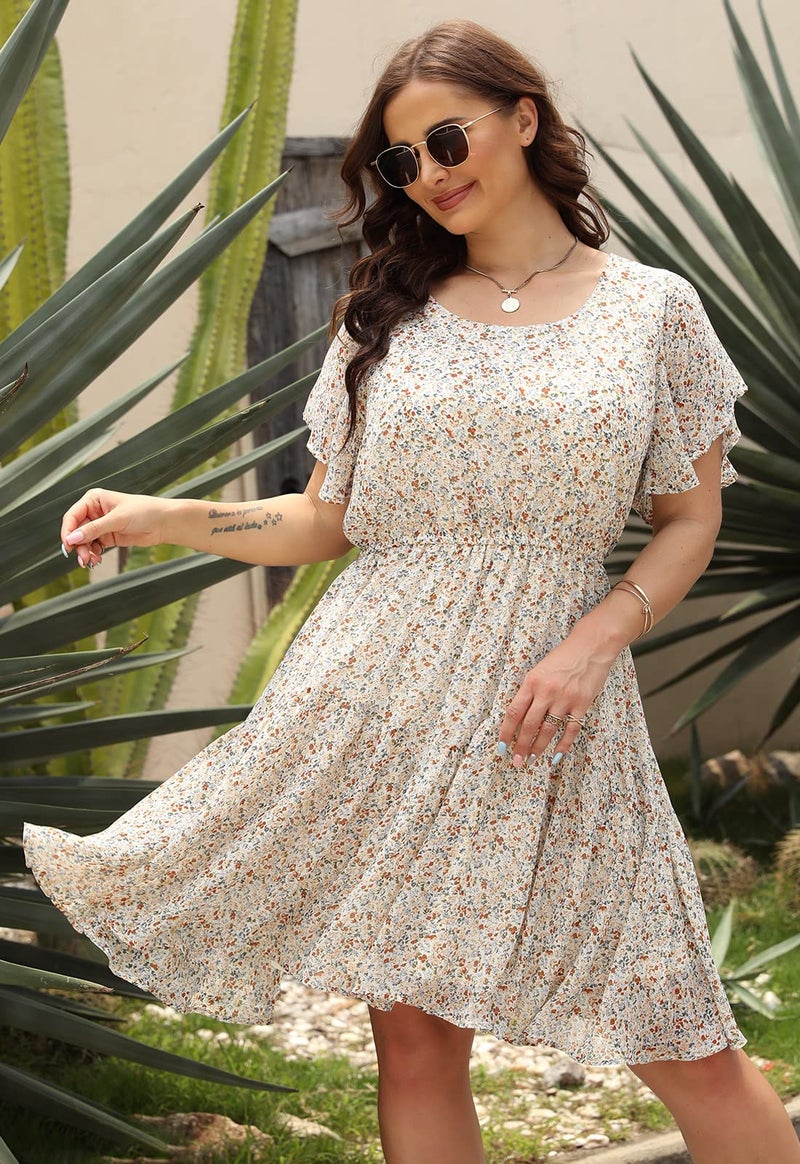 Nemidor Plus Size Summer Dresses for Curvy Women Casual Boho Midi Chiffon Print Floral Dress with Ruffle Sleeve 14-26(297,20,Beige Print) - Image 3