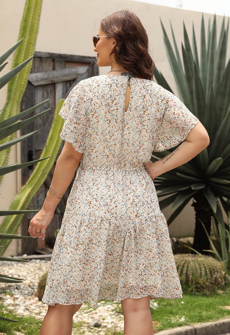 Nemidor Plus Size Summer Dresses for Curvy Women Casual Boho Midi Chiffon Print Floral Dress with Ruffle Sleeve 14-26(297,20,Beige Print) - Image 5