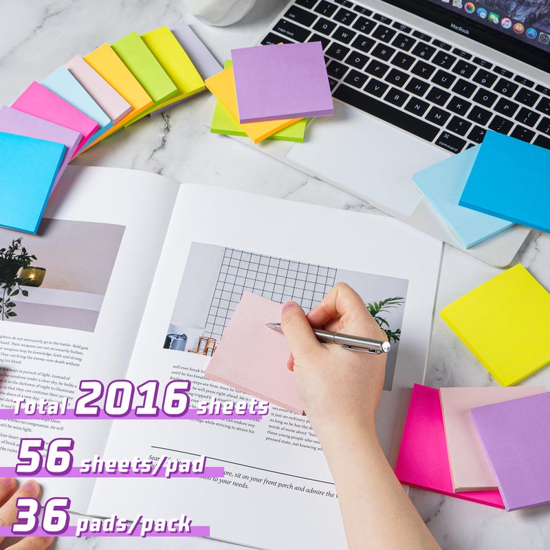 vipstar (36 Pack) Sticky Notes 3x3 in Post, 9 Bright Colors Self-Stick Note Pads it, Strong Adhesive, Easy to Post for Home, Office, Notebook - Image 3