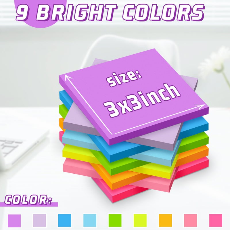 vipstar (36 Pack) Sticky Notes 3x3 in Post, 9 Bright Colors Self-Stick Note Pads it, Strong Adhesive, Easy to Post for Home, Office, Notebook - Image 2