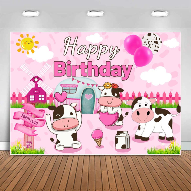 Sensfun Cow Birthday Party Backdrop Pink Watercolor Farm Animal Barn Cow Theme Birthday Photography Background Cow Print Kids Girl Happy 1st Bday Decoration Supplies Photo Booth Banner Props 7x5ft