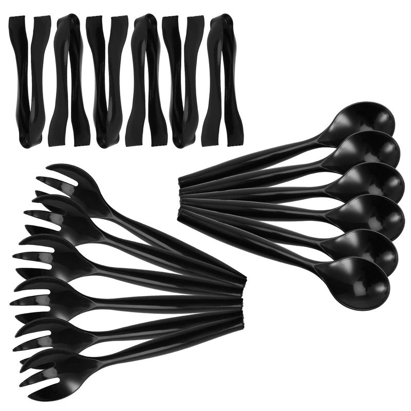 Plastic Serving Utensils Black Heavy Duty Disposable utensil 24 Pack 810 Spoons and Forks 8612 Tongs