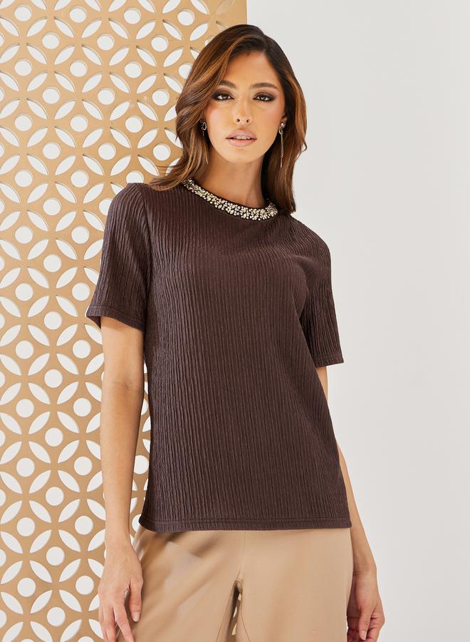 Styli Embellished Round Neck Short Sleeve Top  - Image 3