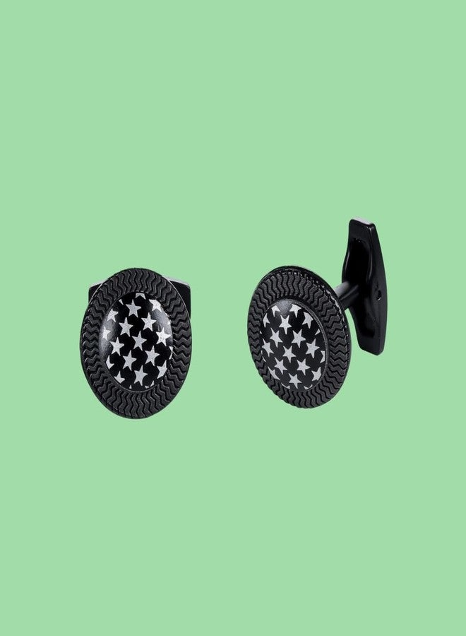 Tripin Full Black Round Cufflinks with Star Design for Men | Gift Boxed Formal Shirt Accessory - Image 4