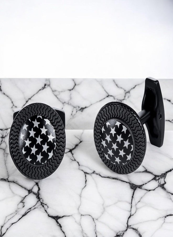 Tripin Full Black Round Cufflinks with Star Design for Men | Gift Boxed Formal Shirt Accessory - Image 2