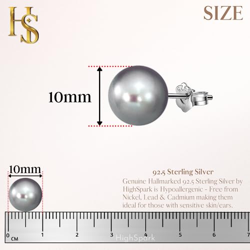 HIGHSPARK 925 Silver Classic Pearl Earrings for Women | 92.5 Sterling Silver & Brilliant Lustre Pearls | Lovely Gift for Women - Pearl Grey 10mm - Image 2