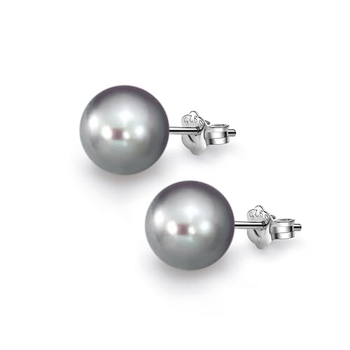 HIGHSPARK 925 Silver Classic Pearl Earrings for Women | 92.5 Sterling Silver & Brilliant Lustre Pearls | Lovely Gift for Women - Pearl Grey 10mm - Image 1