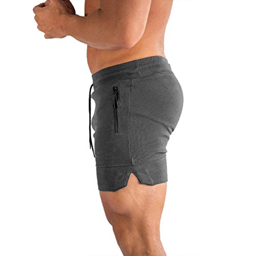 PIDOGYM Men's 5" Gym Workout Shorts,Fitted Jogging Short Pants for Bodybuilding Running Training with Zipper Pockets Dark Grey - Image 2