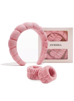 Spa Headband And Wristband Set For Skincare Washing Face Terry Cloth Wrist Towels Head Band For Skin Care Bubble Soft Hairband For Women Girls Makeup Shower (Pink Set)