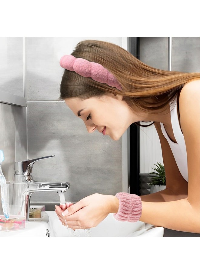Ayesha - Spa Headband And Wristband Set For Skincare Washing Face Terry Cloth Wrist Towels Head Band For Skin Care Bubble Soft Hairband For Women Girls Makeup Shower (Pink Set) - Image 1
