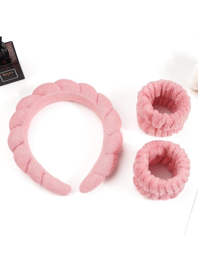Ayesha - Spa Headband And Wristband Set For Skincare Washing Face Terry Cloth Wrist Towels Head Band For Skin Care Bubble Soft Hairband For Women Girls Makeup Shower (Pink Set) - Image 1