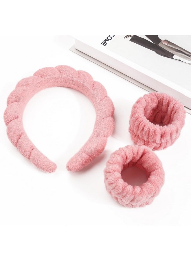 Ayesha - Spa Headband And Wristband Set For Skincare Washing Face Terry Cloth Wrist Towels Head Band For Skin Care Bubble Soft Hairband For Women Girls Makeup Shower (Pink Set) - Image 1