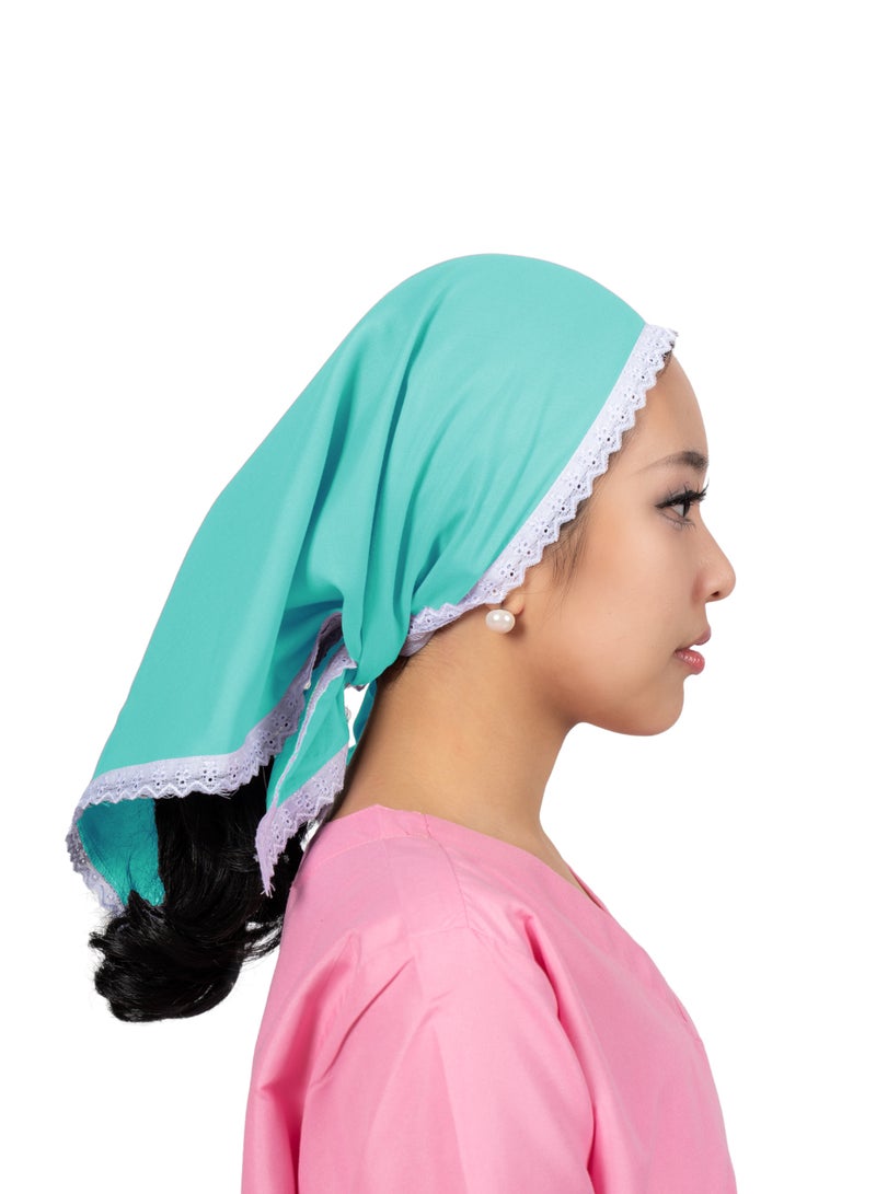 وشاح مربع أنيق، حواف دانتيل بيضاء، قماش ناعم وخفيف الوزن، غطاء رأس/مربية أطفال/مربية أطفال، قطن، مقاس واحد