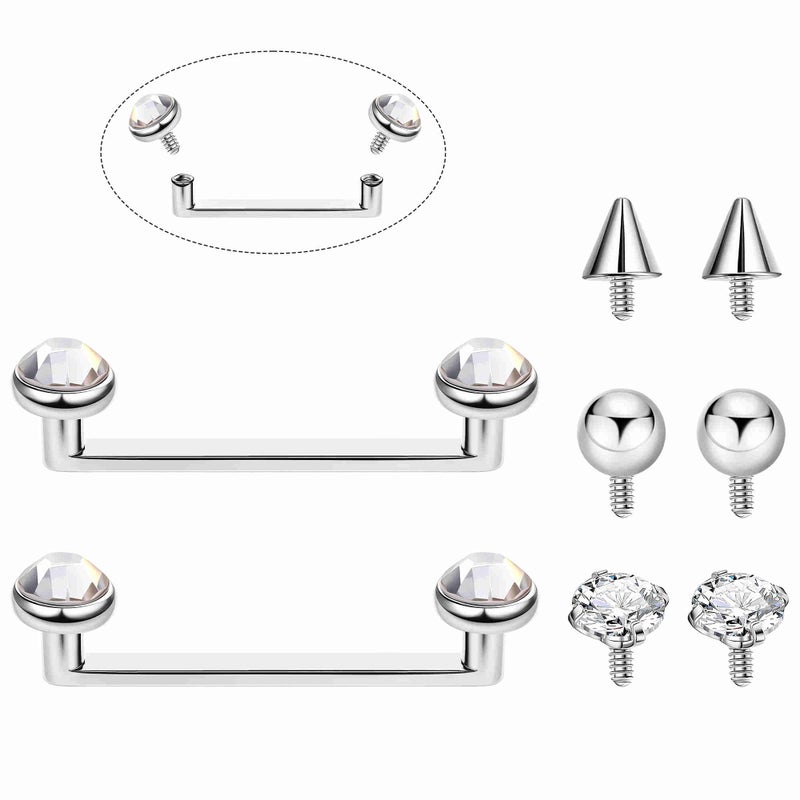 Masedy 2PCS 14G G23 Pure Titanium Staple Surface Piercing Jewelry Flat Bar Internally Threaded Double Staple Barbells for Surface with 6 PCS Replacement Balls CZ Snake Eye Tongue Piercing Silver 12MM - Image 1