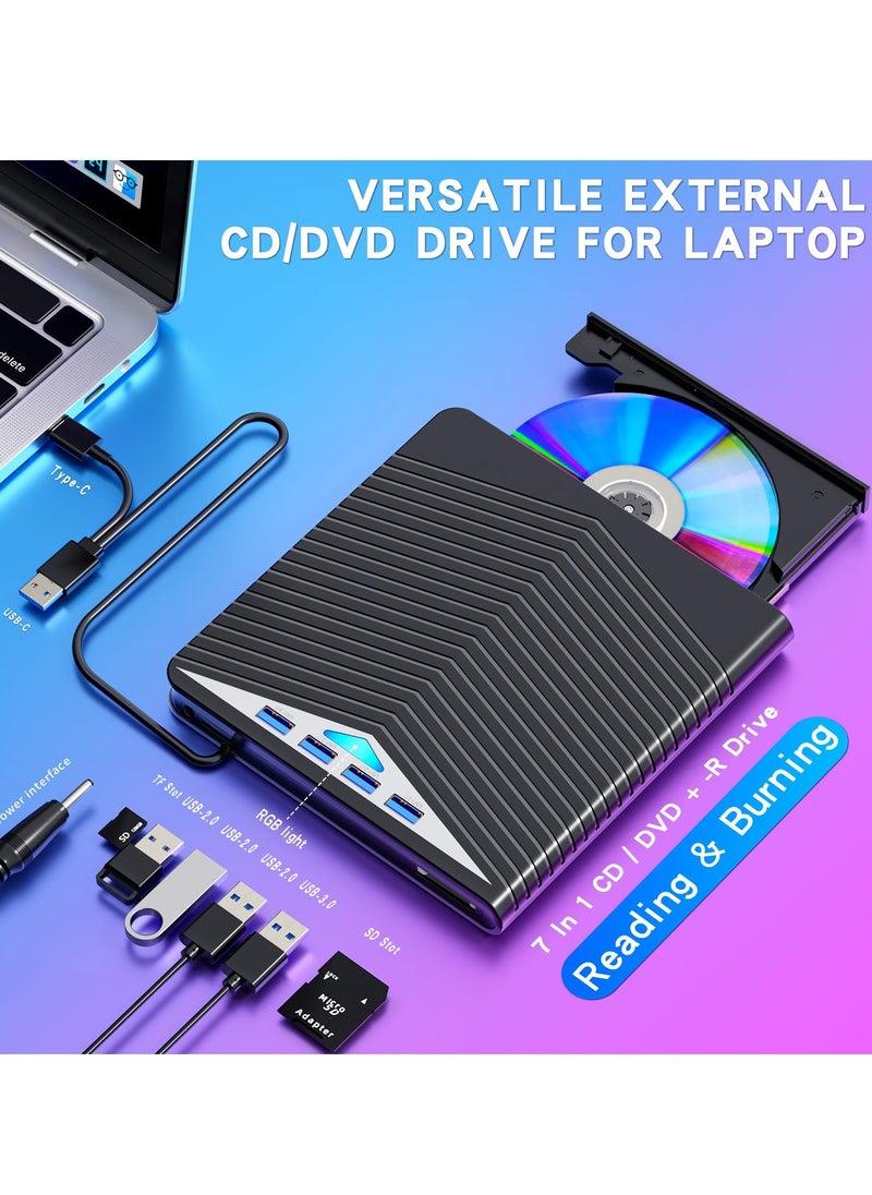 Generic - 7-in-1 External CD/DVD Drive with USB 3.0, 4 USB Ports, and 2 TF/SD Card Slots - Optical Disk Burner for Laptop, Mac, and Compatible with Windows 10/8/7 and Linux OS. - Image 1