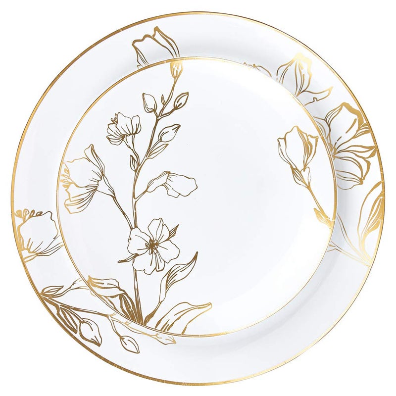 PLASTICPRO 64 Piece Combo Plates Set includes 32 7 inch Plates  32 10 inch Plate White Plastic Floral Design Party Plates With Gold Rim Premium heavyweight Elegant Disposable Dishes