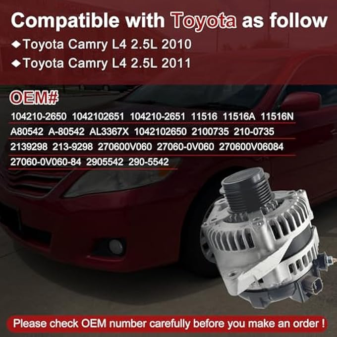 Hsbhlsnx 11516N Alternator Compatible with Toyota Camry L4 2.5L 2010-2011 104210-2650 27060-0V060 27060-36050 90295768 - Image 2