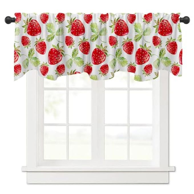 Fanghui Red Strawberry Window Treatment Valance 54X18in Watercolor Fruit Summer Strawberry Window Valance with Rod Pocket for Kitchen Dining Room Window Decoration - Image 4