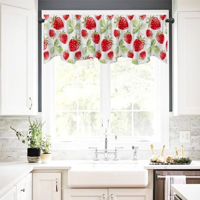 Fanghui Red Strawberry Window Treatment Valance 54X18in Watercolor Fruit Summer Strawberry Window Valance with Rod Pocket for Kitchen Dining Room Window Decoration - Image 3