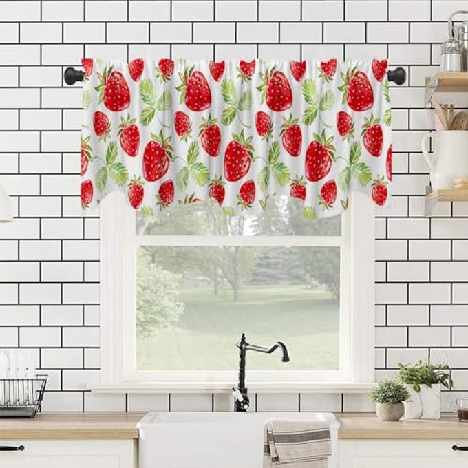 Fanghui Red Strawberry Window Treatment Valance 54X18in Watercolor Fruit Summer Strawberry Window Valance with Rod Pocket for Kitchen Dining Room Window Decoration - Image 5