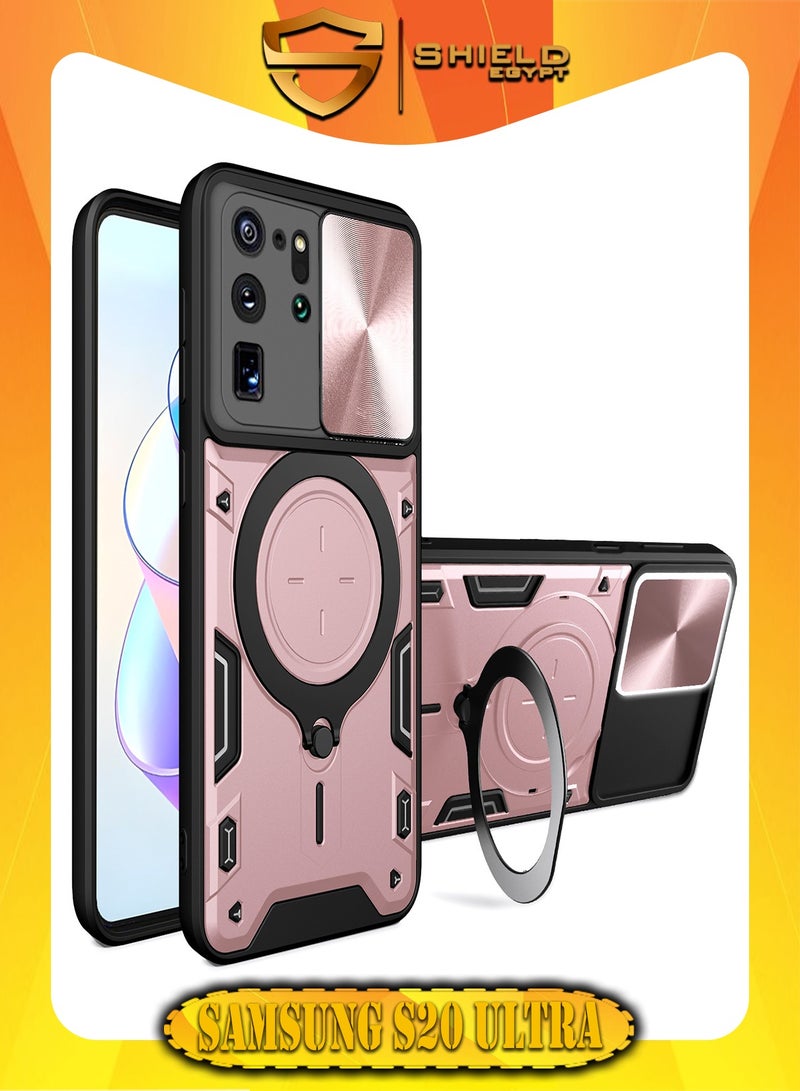 شيلد ايجيبت لهاتف سامسونج جالاكسي نوت 20 الترو (Samsung Galaxy  Note20 Ultra) جراب حماية مع باب جرار لحماية عدسة  الكاميرا المدرعة مدمج بزاوية 360 درجة - (روز جولد)