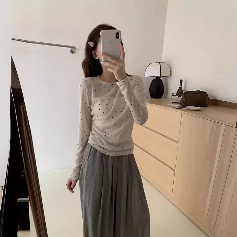 Thin Polka Dot Tencel T-Shirt Women'S All-Match Round Neck Bow Polka Dot Long Sleeve Mask T Base Shirt Top - Image 5