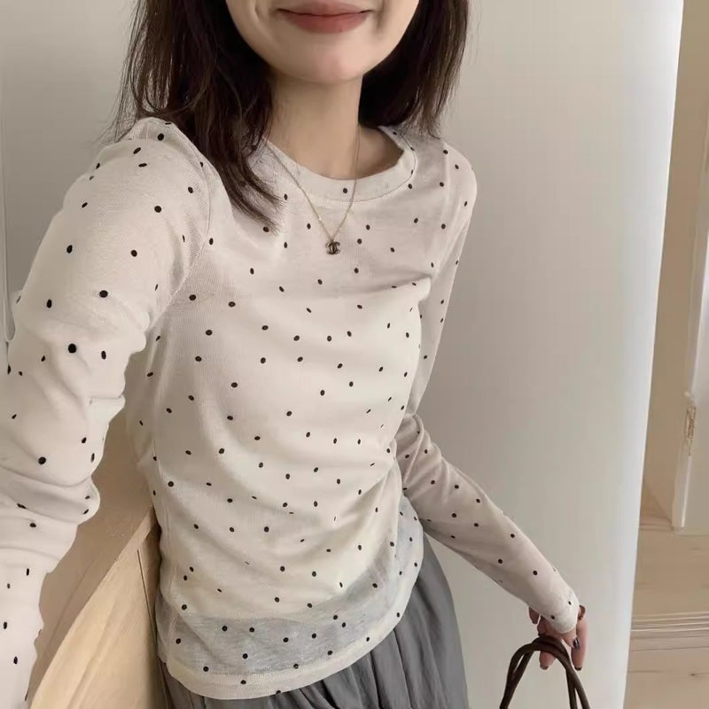 Thin Polka Dot Tencel T-Shirt Women'S All-Match Round Neck Bow Polka Dot Long Sleeve Mask T Base Shirt Top - Image 2